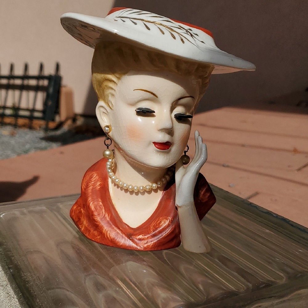 Vintage Lady Head Vase with Hat